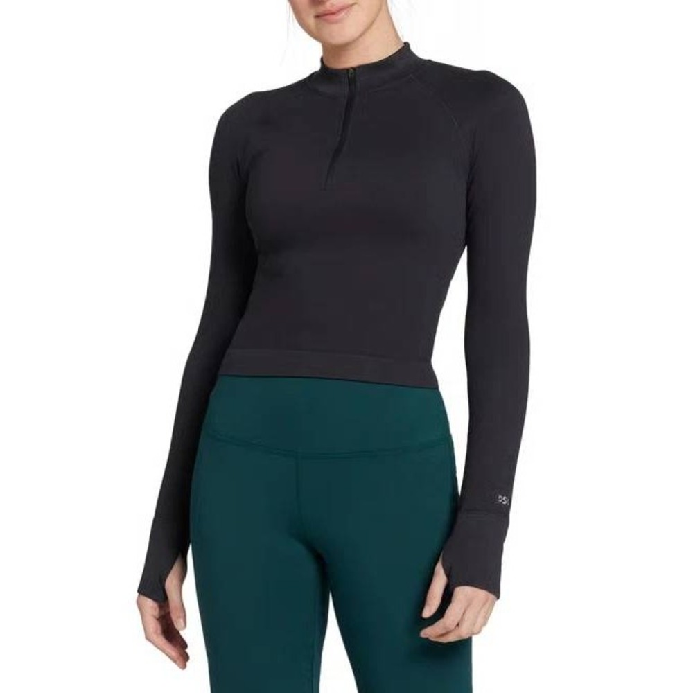 DSG Womens Seamless 1/4 Zip Long Sleeve Cropped Athletic Top Black Thumbholes M
